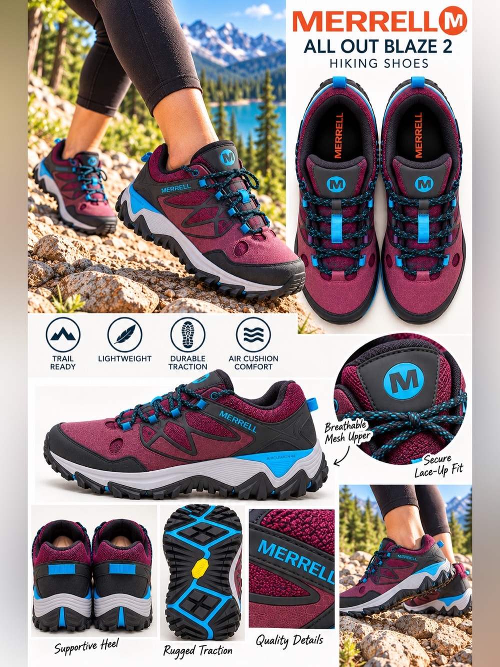 New In Box 🍇 Merrell All Out Blaze 2 Hiking Shoes — Women’s 8